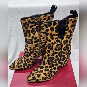 Womens Suede Leopard Print Boots With Square Heel Size 7.5 NEW